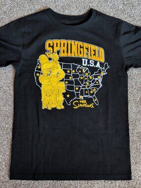 The Simpsons Springfield USA Map Size Medium Black Short Sleeve Cartoon